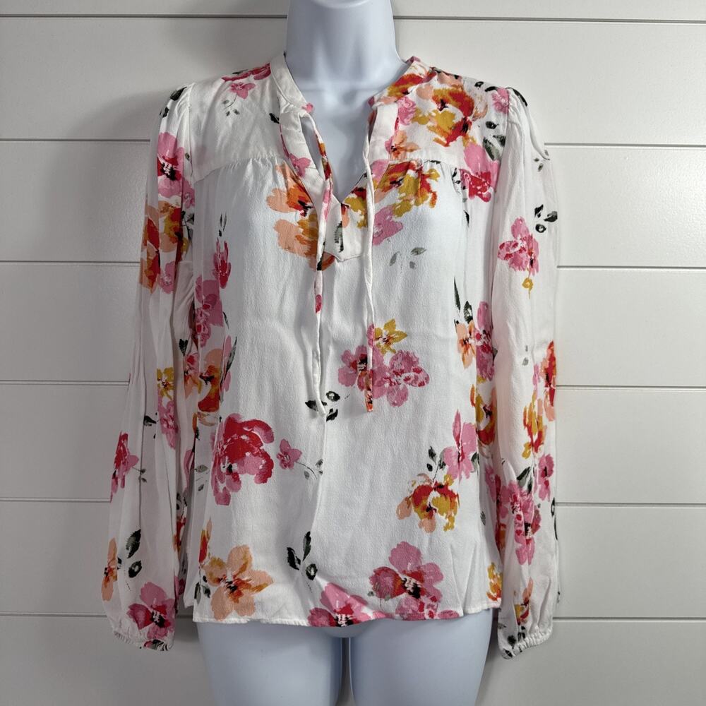 LOFT Blouse Shirt Long Sleeve White Floral Print sz S